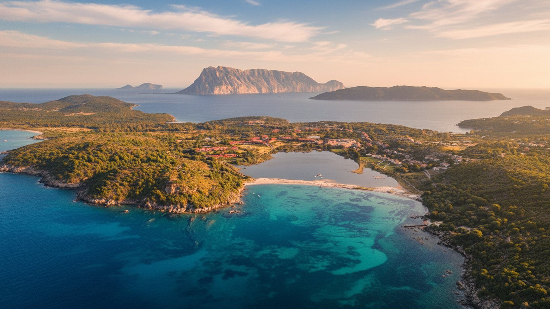 La costa vicino a Olbia dall'alto, con la sagoma di Tavolara all'orizzonte