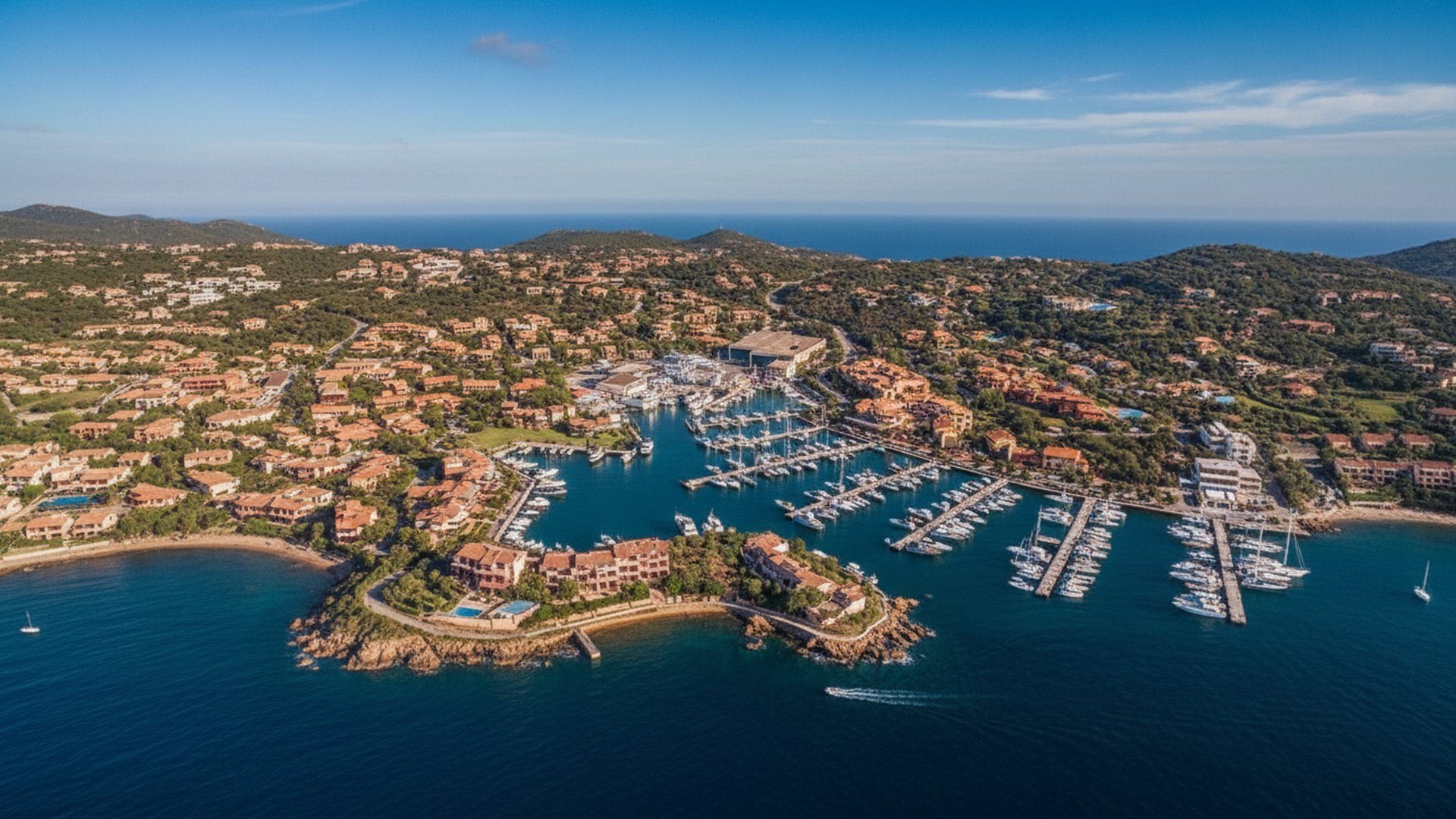 Porto Cervo vista dall'alto, con il porto turistico e gli yacht